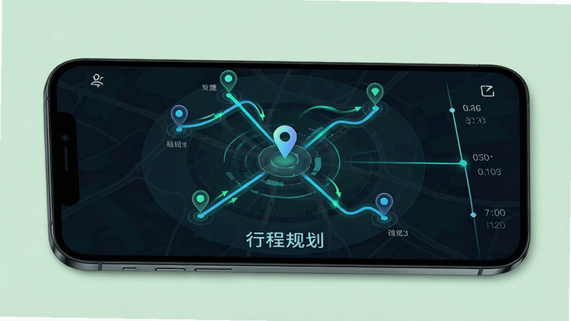 主体为手机端行程规划界面,布局为中心辐射状,显示地图定位点和时间轴,排版清晰直观,风格科技感强,细节包含动态路径线条和标记点,画质清晰,干净无杂项,背景为淡绿色,文字包含