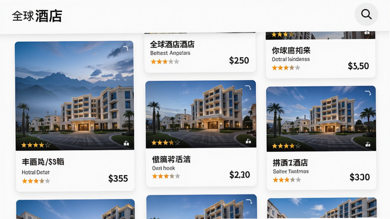 主体为酒店预订列表页面,布局为卡片式堆叠,每张卡片显示酒店图片、名称和价格,排版紧凑高效,风格商务大气,细节包含高分辨率酒店缩略图和星级标识,画质精美,干净无水印,背景为白色,文字包含