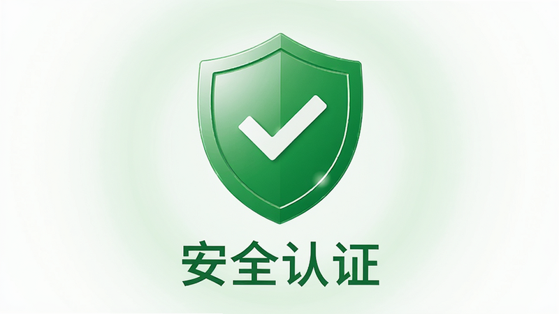主体是一个绿色的盾牌图标,中间有一个白色的勾号,背景是柔和的白色和浅绿色光晕,布局居中,排版极简,风格为安全信赖感,细节包括细微的光泽反射,文字显示为