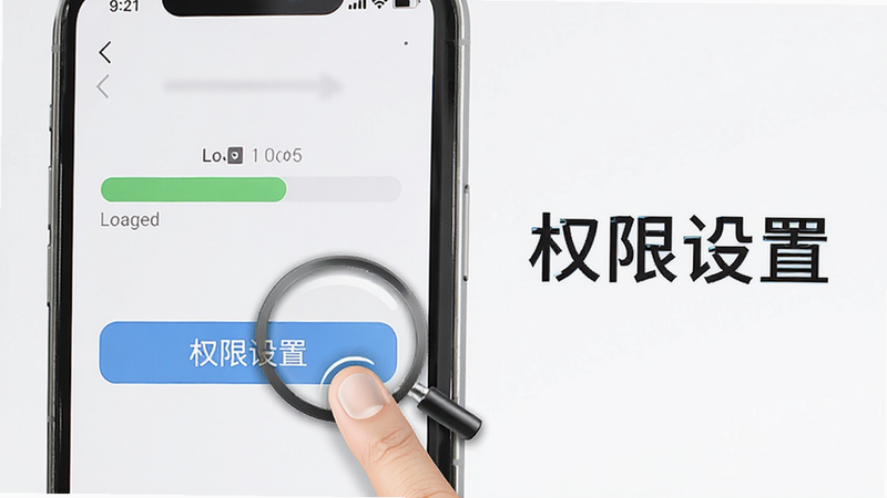主体是一个手机屏幕特写,显示安装进度条正在加载,旁边有一个放大镜图标指向权限设置按钮,布局为左图右文,排版清晰,风格为教程示意图,细节包括手指点击动作的示意,文字显示为