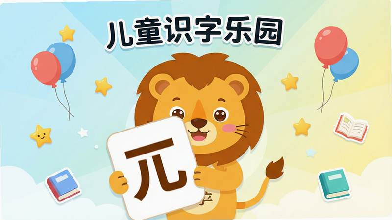 主体是一个明亮的儿童教育应用界面,中心展示一个可爱的卡通狮子形象正在拿着巨大的汉字卡片,背景是柔和的浅蓝色和淡黄色渐变,周围漂浮着气球、星星和书本图标,布局采用中心辐射式,排版清晰,风格为扁平化卡通插画,细节丰富,文字显示为