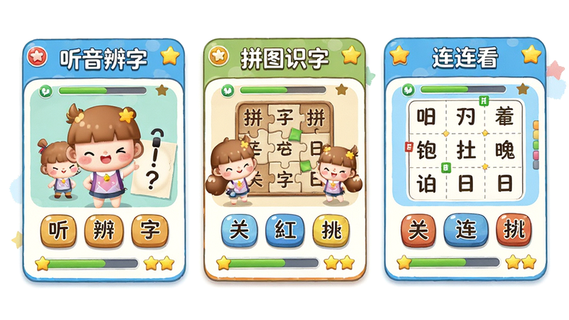 主体是三个并排的游戏关卡卡片,分别展示