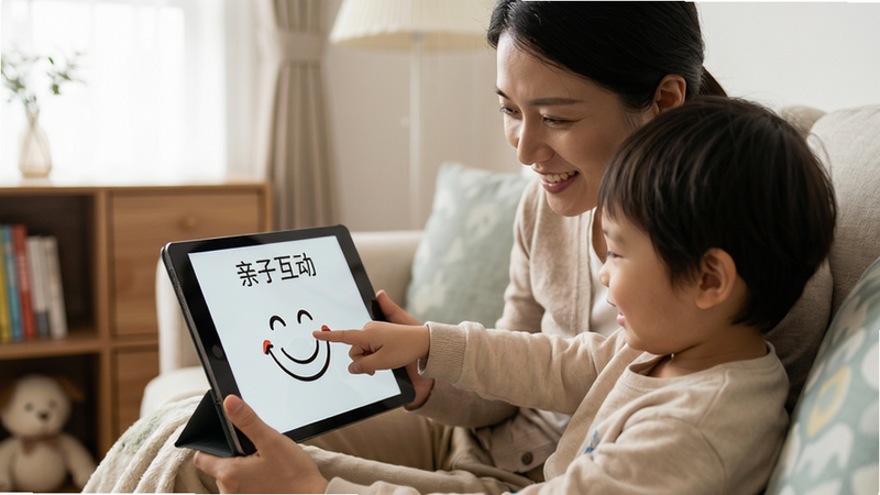 主体是一个家长和孩子一起使用平板电脑的场景,孩子指着屏幕上的汉字笑脸,家长在旁边微笑观看,布局为温馨家庭氛围,排版自然,风格为写实摄影风格,细节包括柔和的光线和舒适的家居环境,文字显示为