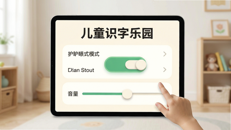 展示儿童识字乐园的设置界面,主体为护眼模式开关和音量调节滑块,背景为柔和的米白色,布局为上下结构,上方标题下方列表项,风格简约现代,细节清晰,画质良好,干净,无多余元素