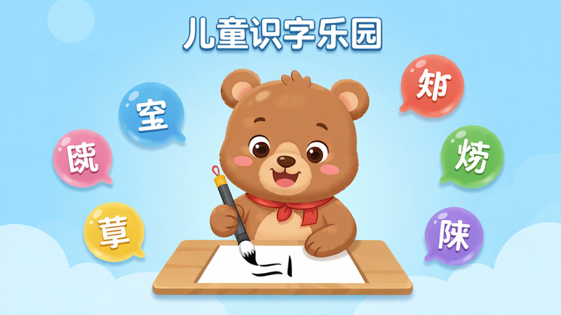 主体为一款名为儿童识字乐园的安卓应用界面预览图,背景为浅蓝色渐变,中心展示一个卡通小熊正在写字的生动场景,周围漂浮着彩色的汉字气泡,布局采用中心对称式,排版清晰整洁,风格为扁平化卡通插画风格,细节处展现柔和的光影效果,画质高清,干净无多余元素,无文字水印