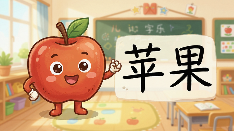 展示儿童识字乐园中的情景教学界面,主体是一个拟人化的卡通苹果角色,旁边有手写的“苹果”两个大字,背景是明亮的教室环境,布局为左右结构,左侧角色右侧文字,风格温馨可爱,细节丰富,画质清晰,干净,无多余元素