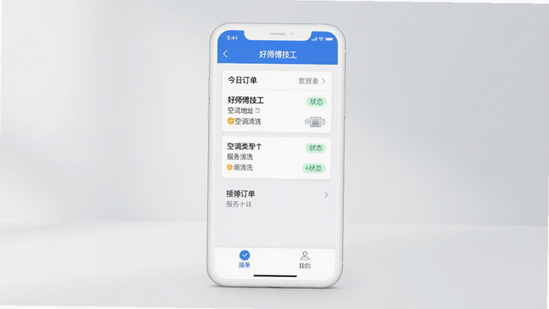 主体为一部竖屏放置的白色智能手机,屏幕显示“好师傅技工”APP界面,界面顶部为蓝色导航栏,中间展示“今日订单”列表卡片,包含地址、服务类型(如空调清洗)及状态标签,底部为“接单”、“我的”等白色标签栏,布局简洁现代,扁平化设计风格,高保真UI设计,4k分辨率,无多余装饰元素,背景为浅灰色渐变,光线柔和自然