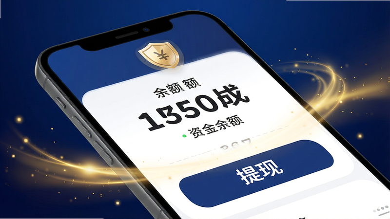主体为手机钱包界面,显示余额数字,下方有“提现”按钮,背景为深蓝色渐变,点缀金色光效,象征资金安全与流动,界面元素简洁,字体加粗醒目,风格商务严谨,细节处有盾牌图标代表安全,高清UI渲染,无杂乱背景,聚焦于资金安全概念