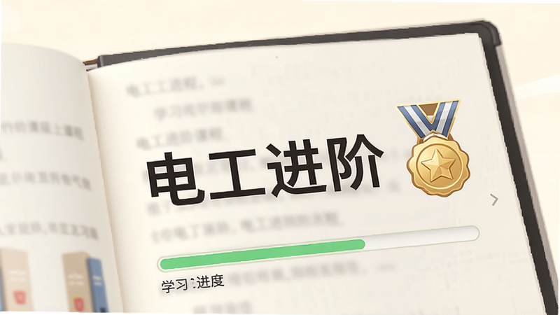 主体为一本打开的电子书籍界面,书页上显示“电工进阶”课程标题,旁边有一个金色的勋章图标,背景为柔和的米白色,风格学术且亲切,细节处有进度条显示学习进度,高清截图风格,排版舒适,文字清晰,无广告干扰,体现学习价值