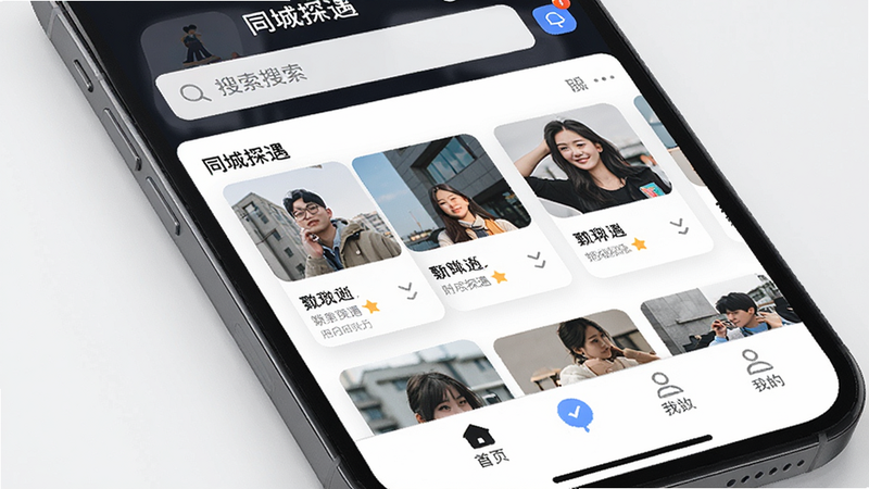 主体为手机屏幕特写,显示“同城探遇”App界面,布局清晰,顶部为搜索栏,中部为附近用户卡片流,底部为导航栏,风格简约现代,细节精致,高清,干净,无多余元素,文字包含“同城探遇”