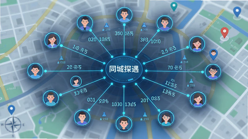 主体为地图界面示意图,中心点发出辐射状连接线条,连接多个用户头像图标,布局放射状,风格科技感,细节显示距离数字,高清,干净,无多余元素,文字包含“同城探遇”