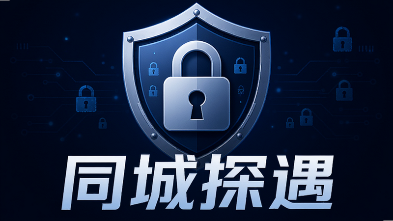 主体为盾牌图标与锁头图标组合,背景为深色科技蓝,布局居中对称,风格安全稳重,细节显示加密符号,高清,干净,无多余元素,文字包含“同城探遇”