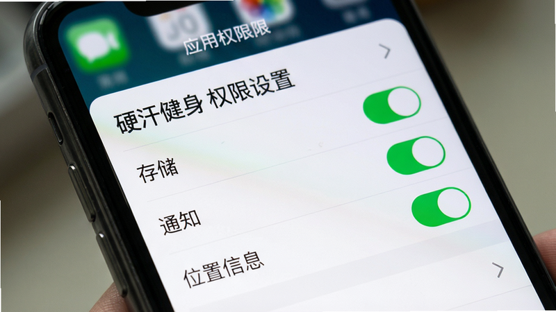 手机设置界面特写,显示“应用权限管理”页面,硬汗健身的权限列表清晰可见,其中“存储”、“通知”、“位置信息”的开关处于开启状态(绿色),背景为模糊的手机桌面,风格为真实UI截图风格,光影自然,细节清晰,画质高清,无多余UI元素,文字显示