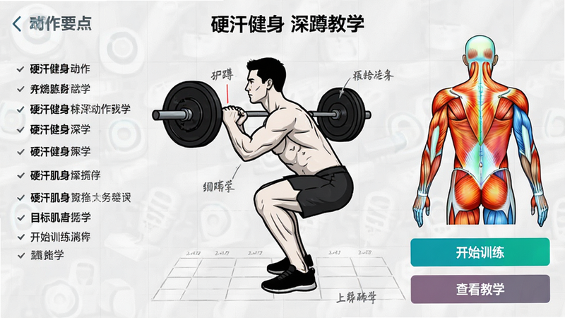硬汗健身App的动作详情页面,主体为一个男性进行深蹲动作的侧面示意图,背景为浅灰色网格,左侧列出了动作要点列表,右侧显示了目标肌群高亮图,下方有“开始训练”和“查看教学”两个按钮,风格为专业医疗解剖图风格,线条清晰,色彩对比鲜明,画质极清,无水印,文字显示