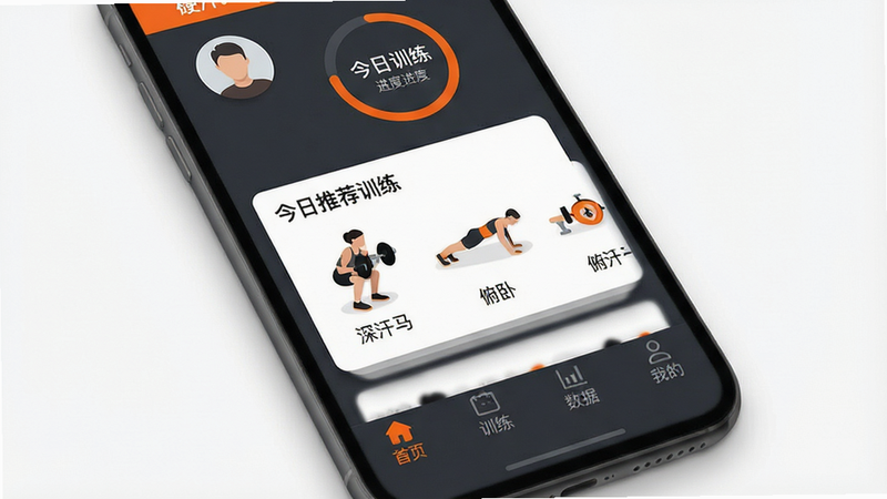 手机屏幕界面展示,主体为硬汗健身App首页,布局清晰简洁,顶部显示用户头像与今日训练进度环,中间区域为“今日推荐训练”卡片,包含深蹲、俯卧撑等动作图标,底部导航栏包含首页、训练、数据、我的四个选项,风格为扁平化UI设计,色调以深灰色与活力橙色为主,细节处有轻微阴影增加层次感,画质高清,干净无多余元素,文字显示