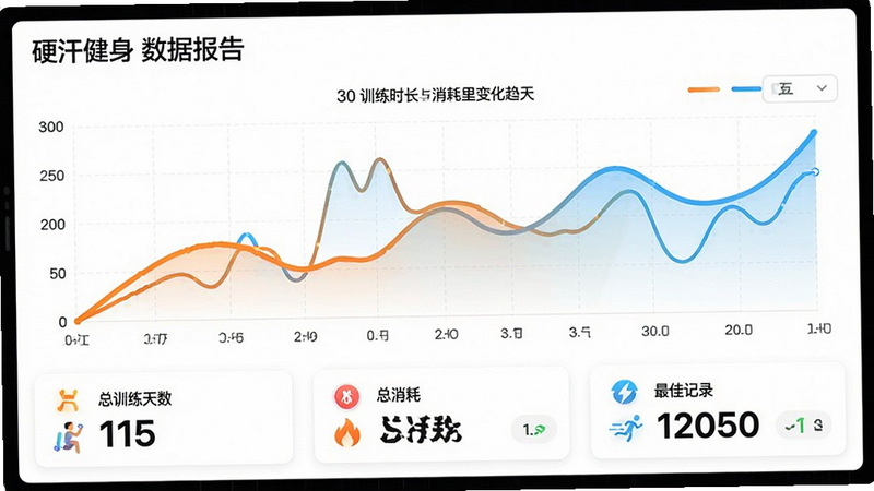 硬汗健身App的数据统计页面,主体为一张折线图,显示过去30天的训练时长与消耗卡路里变化趋势,线条为橙色与蓝色渐变,背景为白色网格,下方有三个数据卡片分别显示