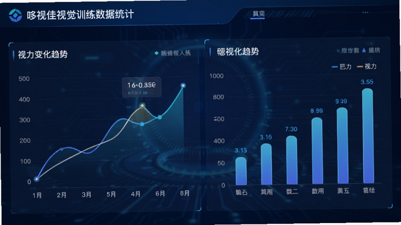 ���Ӽ��Ӿ�ѵ������ͳ��ҳ�棬��ʾ����ͼ����״ͼ��չʾ�����仯���ƣ�����Ϊ����ɫ�Ƽ��磬���������ɼ���ͼ�����ۣ�UI���רҵ������
