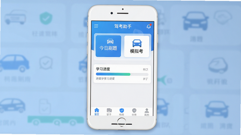 ����Ϊһ����ɫ�����ֻ�����Ļ��ʾ�ݿ�����APP�������棬���������������С�����ˢ�⡱�͡�ģ�⿼��������ť���м��ǽ�������ʾѧϰ���ȣ��ײ��ǵ����������Ϊ��ƽ����ƣ�ɫ������ɫ�Ͱ�ɫΪ����ϸ�ڰ�����ʵ��UIͼ������֡��ݿ����֡������ʸ��壬�ɾ����޶���Ԫ��