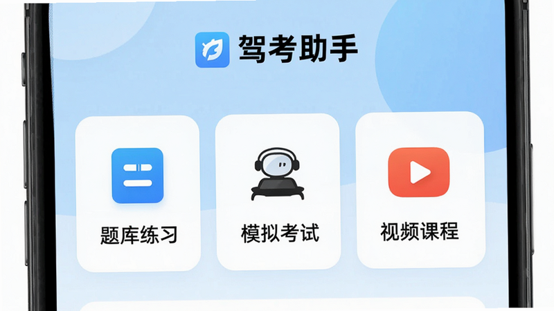 主体为手机屏幕展示“驾考助手”APP首页,布局清晰,顶部显示“驾考助手”Logo,中间区域分为“题库练习”、“模拟考试”、“视频课程”三个大图标按钮,背景为浅蓝色渐变,风格现代简约,细节包含清晰的文字标签和高对比度图标,画质高清,干净,无多余元素