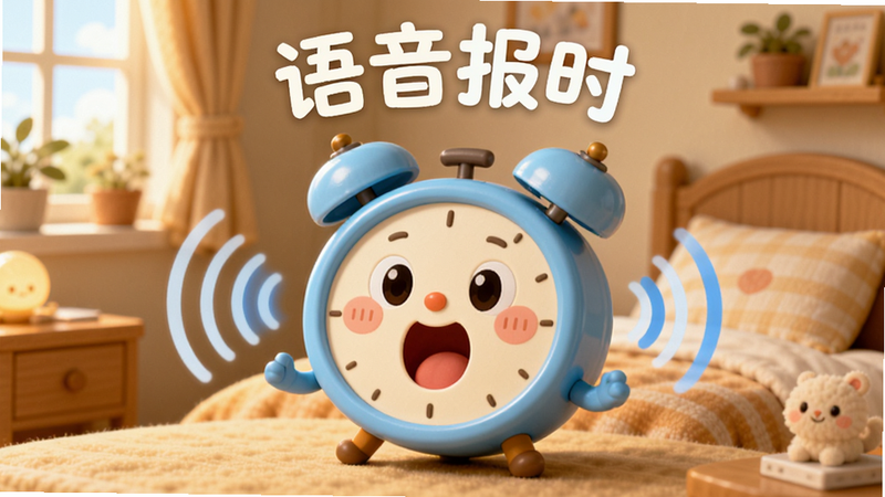 主体是一个正在说话的卡通闹钟形象,嘴巴张开,旁边环绕着声波线条,背景是温馨的卧室场景,布局居中,排版舒适,风格可爱温馨,细节丰富,画质细腻,干净无杂物,文字“语音报时”悬浮在上方