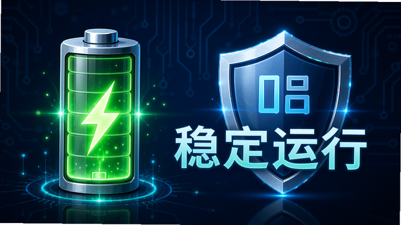 主体是一个电池图标,内部充满绿色能量,旁边是一个稳定的盾牌图标,象征安全与稳定,背景为深蓝色科技风,布局左右对称,排版严谨,风格科技感强,细节发光效果,画质清晰,无多余元素,文字“稳定运行”醒目