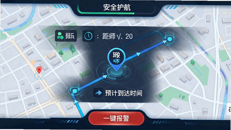 泰到位按摩安全地图界面,主体为城市地图,显示技师当前位置图标及行进路线,顶部有“安全护航”状态栏,底部有红色“一键报警”按钮,布局中心突出,排版直观,风格科技感强,细节包含距离显示、预计到达时间,画质高清,干净,无多余元素,文字提示醒目