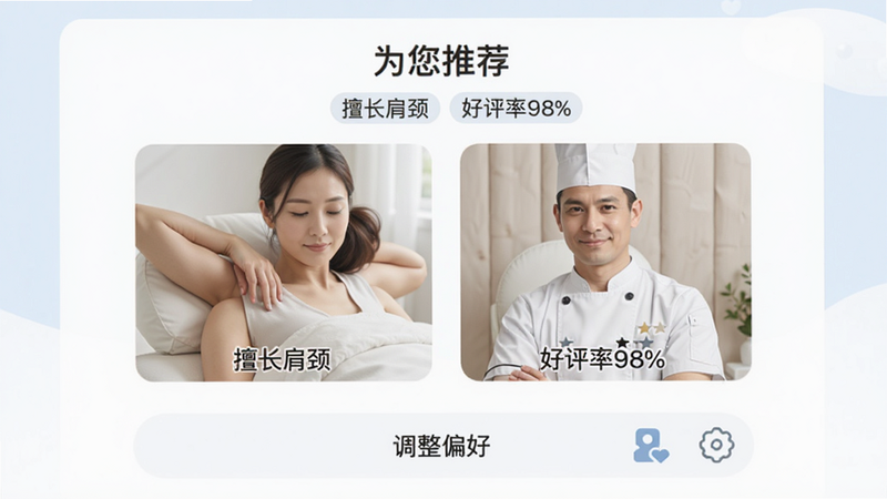 泰到位按摩智能推荐界面,主体为“为您推荐”板块,显示两位技师头像及推荐理由“擅长肩颈”、“好评率98%”,下方有“调整偏好”设置入口,布局上下结构,排版流畅,风格人性化,细节包含推荐标签、用户偏好设置图标,画质高清,干净,无多余元素,文字标签柔和