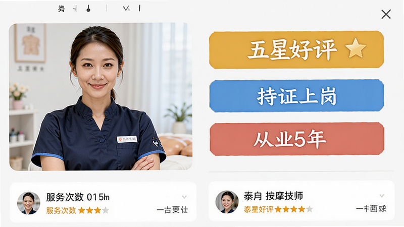 泰到位按摩技师档案页面,主体为技师半身照,右侧展示“五星好评”、“持证上岗”、“从业5年”等标签,底部显示用户评价列表,布局左右分栏,排版紧凑有序,风格专业可信,细节包含评分星星、服务次数统计,画质清晰,干净,无多余元素,文字标签准确