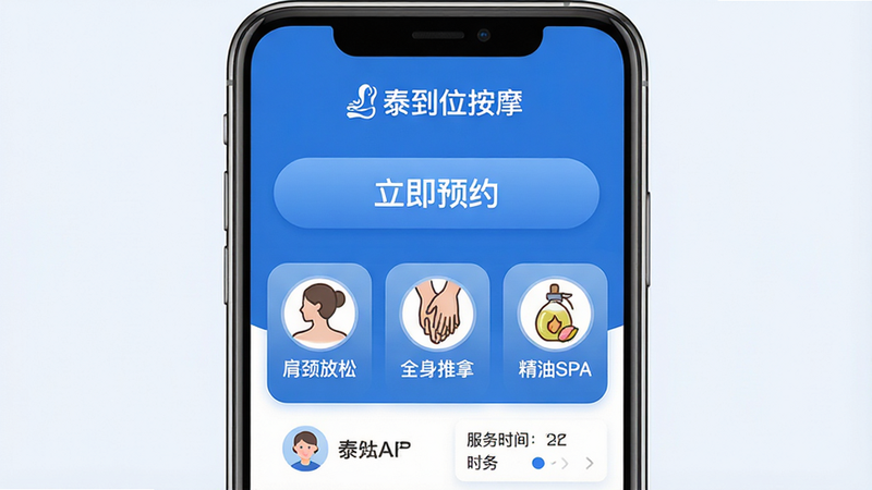 泰到位按摩APP首页界面展示,主体为蓝色调UI设计,顶部显示“泰到位按摩”Logo,中间突出“立即预约”大按钮,下方罗列“肩颈放松”、“全身推拿”、“精油SPA”等服务图标,布局清晰,排版整洁,风格现代简约,细节包含用户头像、服务时长选择器,画质高清,干净,无多余元素,文字标签清晰可见