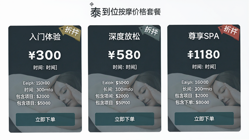 泰到位按摩价格套餐页面,主体为三个套餐卡片,分别标注“入门体验”、“深度放松”、“尊享SPA”,每个卡片显示价格、时长、包含项目,布局三列并排,排版对称美观,风格简洁商务,细节包含“立即下单”按钮、折扣标签,画质清晰,干净,无多余元素,文字价格醒目