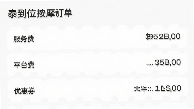 泰到位按摩订单详情页面,主体为费用明细列表,显示“服务费”、“平台费”、“优惠券”等项,布局列表式,排版清晰,风格简洁,细节包含金额数字、支付方式,画质清晰,干净,无多余元素,文字标签准确