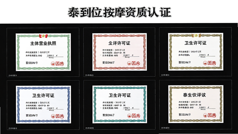 泰到位按摩资质认证页面,主体为营业执照、卫生许可证等证书展示,布局网格状,排版清晰,风格官方严谨,细节包含证书编号、有效期,画质高清,干净,无多余元素,文字清晰