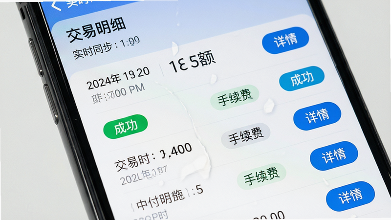 中付掌柜商户版交易查询界面特写,主体为手机屏幕列表视图,布局为上下滚动列表,每行显示交易时间、金额、手续费及状态标签。风格为简洁现代UI,色调清新,细节包含绿色的