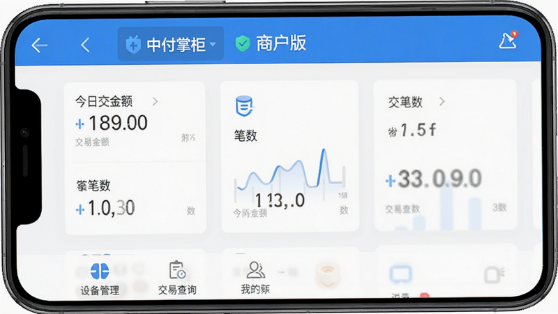 中付掌柜商户版安卓APP界面概览,主体为手机屏幕显示应用主页,布局清晰分为顶部导航栏、中部核心数据看板(显示今日交易金额、笔数)、底部功能菜单(设备管理、交易查询、我的)。风格为扁平化商务风,色调以科技蓝与白色为主,细节包含清晰的图标设计,画质高清,干净无多余元素,文字显示