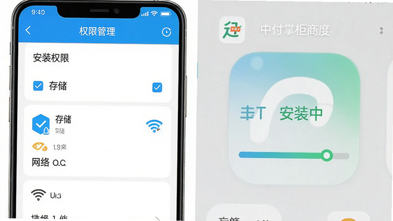 中付掌柜商户版 安卓手机 安装设置 界面示意图,主体为手机设置页面与APP图标并列,布局左右分栏,左侧为手机权限设置列表,右侧为APP安装进度条。风格为简约科技风,色调明亮,细节包含勾选的