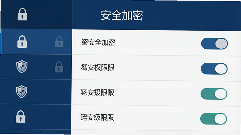 主体为安全设置界面,布局列表式排列,风格严谨稳重,细节展示锁头图标、盾牌标志、权限开关按钮,画质清晰,干净,无多余元素,文字包含