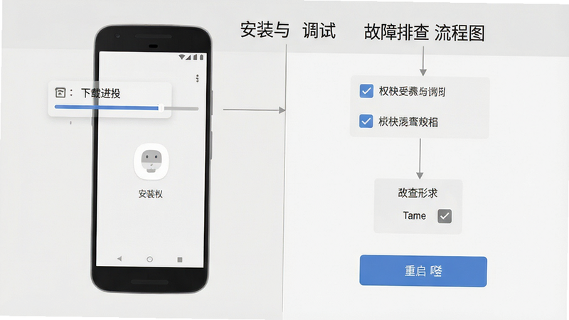 主体为安卓手机安装界面与故障排查流程图,布局上下结构,风格简洁清晰,细节展示下载进度条、权限勾选框、重启按钮,画质清晰,干净,无多余元素,文字包含