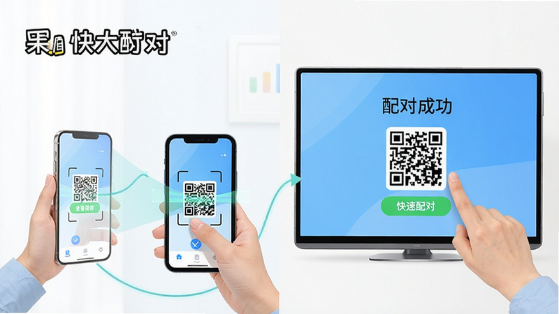 主体为手机配对大屏的操作示意图,布局左右交互,风格现代简约,细节展示手机扫描大屏二维码动作,大屏显示“配对成功”,画质清晰,干净,无多余元素,文字包含