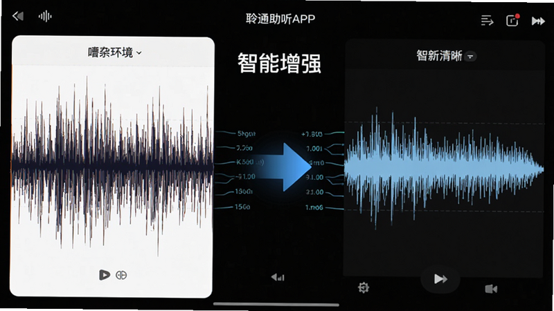 展示聆通助听APP的音频波形处理界面,左侧为嘈杂环境声波形,右侧为处理后的人声清晰波形,中间有箭头指示处理过程,布局对称,排版专业,风格科技感,细节显示数据流动,画质清晰,干净,无多余元素,文字