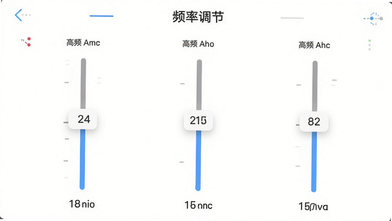 聆通助听APP的频率调节界面,三个垂直滑块分别标注高频、中频、低频,布局垂直排列,排版简洁,风格极简主义,细节显示数值变化,画质清晰,干净,无多余元素,文字