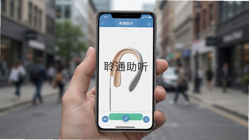 画面主体为一部现代智能手机,屏幕显示聆通助听应用界面,背景为模糊的城市街景,突出手机在环境中的使用场景,布局简洁,排版清晰,风格写实,细节丰富,画质高清,干净,无多余元素,文字