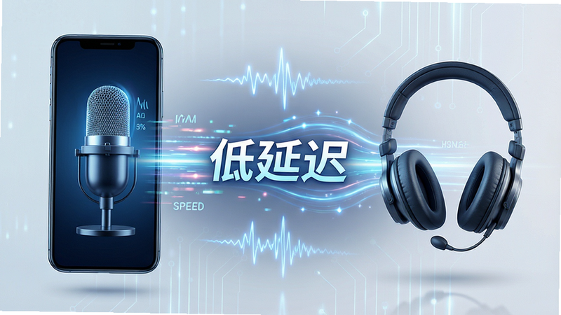 展示低延迟传输的概念图,左侧手机麦克风,右侧耳机,中间有快速流动的光线连接,布局线性,排版动态感强,风格现代科技,细节显示速度感,画质高清,干净,无多余元素,文字
