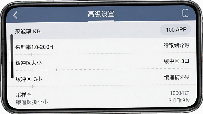 聆通助听APP的设置界面,显示各种高级选项,如采样率、缓冲区大小等,布局列表式,排版详细,风格专业,细节显示参数值,画质清晰,干净,无多余元素,文字