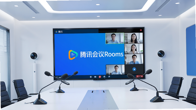 主体为现代简约风格的企业会议室全景,中央有一块巨大的高清显示屏,屏幕上清晰显示着“腾讯会议Rooms”的Logo及正在进行的多人视频会议界面,周围环绕着专业的麦克风阵列和摄像头,整体色调为科技蓝与白色,布局整齐,排版清晰,风格现代商务,细节展现屏幕的高清晰度与设备的质感,画质8k,干净,无多余元素