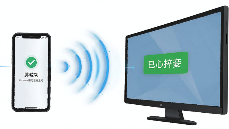主体为手机与大屏设备无线配对的示意图,两者之间有动态的连接波纹,手机屏幕上显示配对成功提示,大屏上显示已连接状态,布局中心聚焦于连接过程,排版简洁,风格科技流程图,细节展示信号波动的动态感,画质清晰,干净,无多余元素