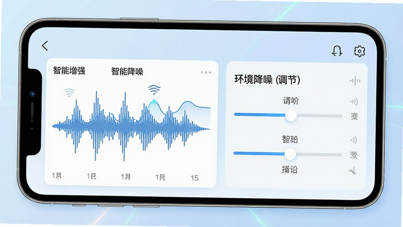 一张现代简约风格的UI设计展示图,主体为聆通助听手机应用界面,布局清晰,左侧显示实时音频波形图,右侧展示频段调节滑块,背景为柔和的浅蓝色渐变,细节处包含清晰的中文标签'智能增强'与'环境降噪',整体风格科技感强,画质高清,干净无多余元素,突出专业医疗辅助属性。