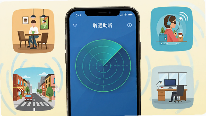 展示聆通助听应用的环境识别功能,画面中央是一个手机屏幕,屏幕上显示一个雷达扫描图标正在分析周围声音,周围环绕着不同场景的小图标如咖啡馆、街道、办公室,风格扁平化,色彩明亮,细节丰富,画质清晰,体现智能化与便捷性。