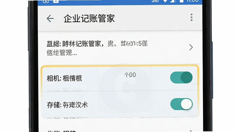 主体为安卓手机设置界面截图,显示'企业记账管家'权限管理页面,布局清晰,高亮显示相机与存储权限开关,风格扁平化,细节清晰,画质高清,干净,无多余元素