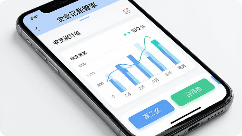主体为手机屏幕特写,显示'企业记账管家'应用界面,布局清晰,顶部为导航栏,中部为收支统计图表,底部为操作按钮,风格现代简约,细节丰富,画质高清,干净,无多余元素