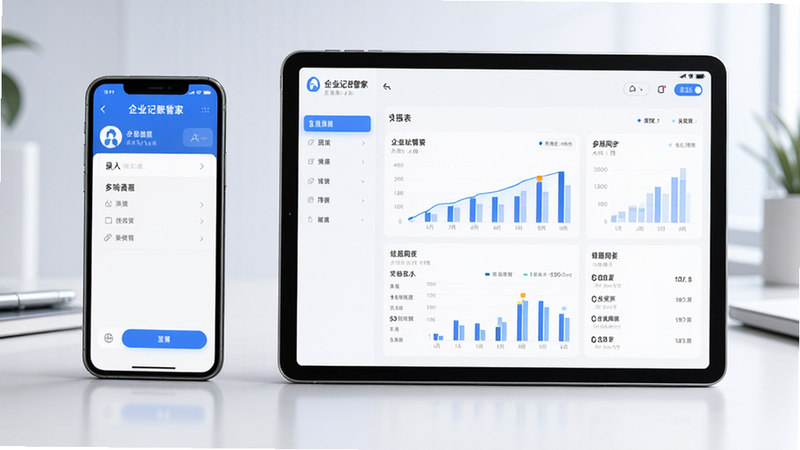 主体为平板与手机并排展示'企业记账管家'多端同步界面,布局平衡,左侧手机显示录入界面,右侧平板显示报表界面,风格科技感强,细节精致,画质清晰,干净,无多余元素